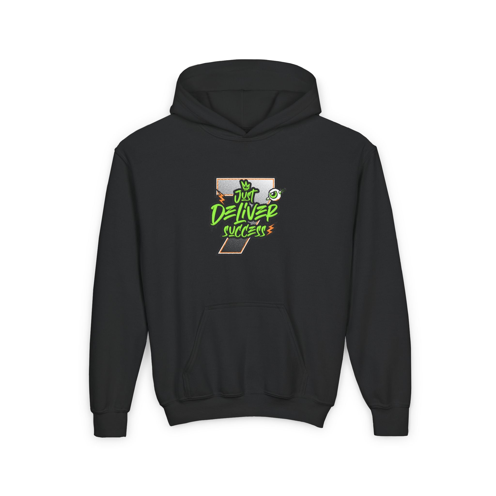 Youth Hooded Sweatshirt - Da Desert Collection featuring bold 'Just Deliver Success' graphic on dark background.